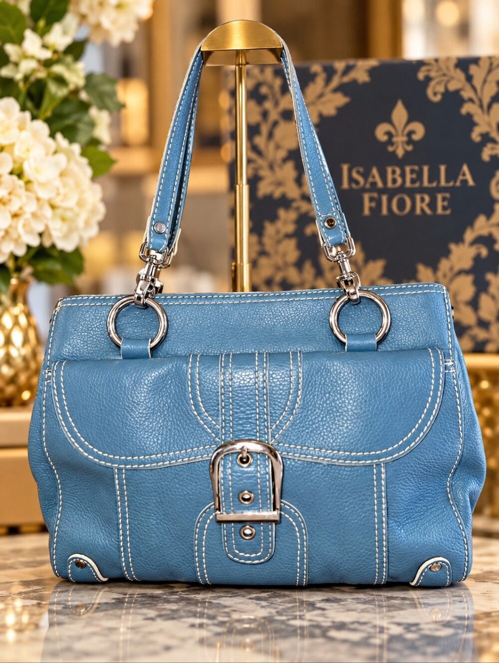Blue Pebbled Leather Satchel By Isabella Fiore EUC
